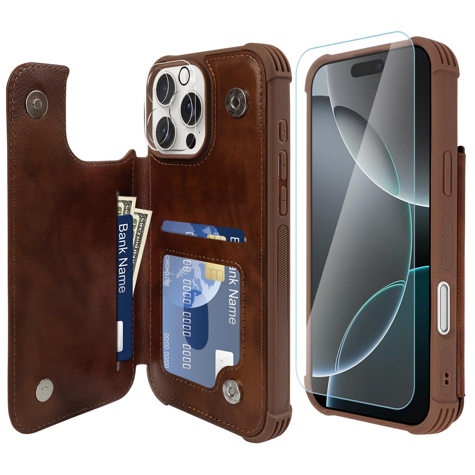 VANAVAGY Compatible for iPhone 16 Pro Wallet Case with Credit Card Holder,Rfid Leather Flip Folio Phone Cover Fits Magnetic Car Mount and Stand with Screen Camera Protector,Brown