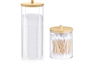 Navaris Cotton Bud and Tall Pad Holder Set (2 Pieces) - Stackable Clear Jars With Bamboo Lids - Includes Bud Holder and Pad C