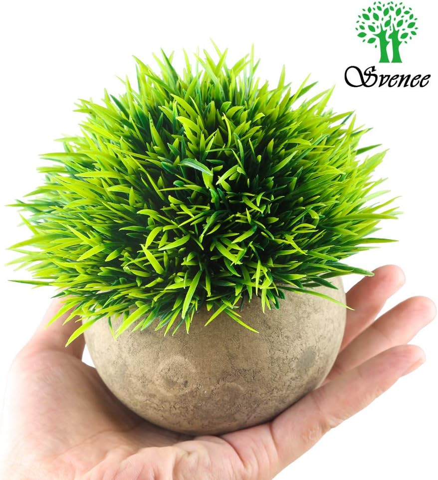 Svenee Mini Artificial Plants, Plastic Fake Green Grass Faux Greenery Topiary Shrubs with Grey Pots for Bathroom Home Office Décor, House Decorations (Green-A, 1) -