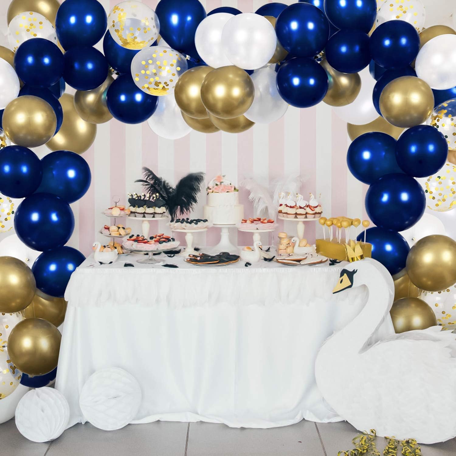Navy Blue and Gold Confetti Balloons Party Decoration Supplies 70pcs 12 inch Gold Metallic Pearl White Balloons for Navy Party, Baby Shower, Wedding, Graduation, Bachelorette, Birthday Decorations, with 2 Balloon Strips, 2 Foil Ribbon: Toys & Games