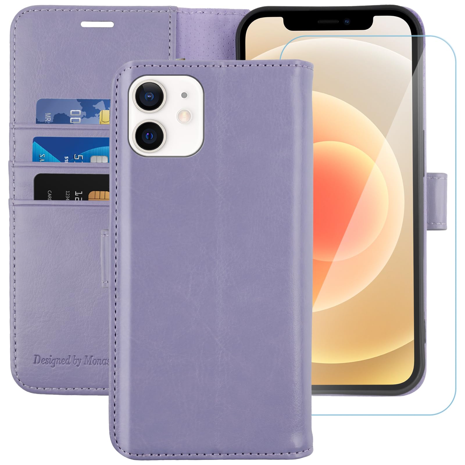 MONASAY Wallet Case for iPhone 11,6.1inch, [Glass Screen Protector Included][RFID Blocking] Flip Folio Leather Cell Phone Cover with Credit Card Holder for iPhone 11,Lavenders