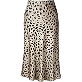 Soowalaoo Womens Leopard Print Skirt Midi Long Length Silk Satin High Waist Elastic Skirts