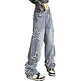 ZUNQKG Womens Y2K Baggy Jeans Star Patchwork High Waist Teen Girls Vintage Grunge Straight Leg Denim