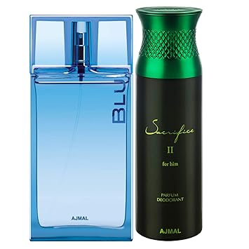 Ajmal Blu EDP Aquatic Woody Perfume 90ml for Men and Sacrifice II for Him Deodorant Fruity Aromatic Fragrance 200ml for Men+ 2 Parfum Testers FREE