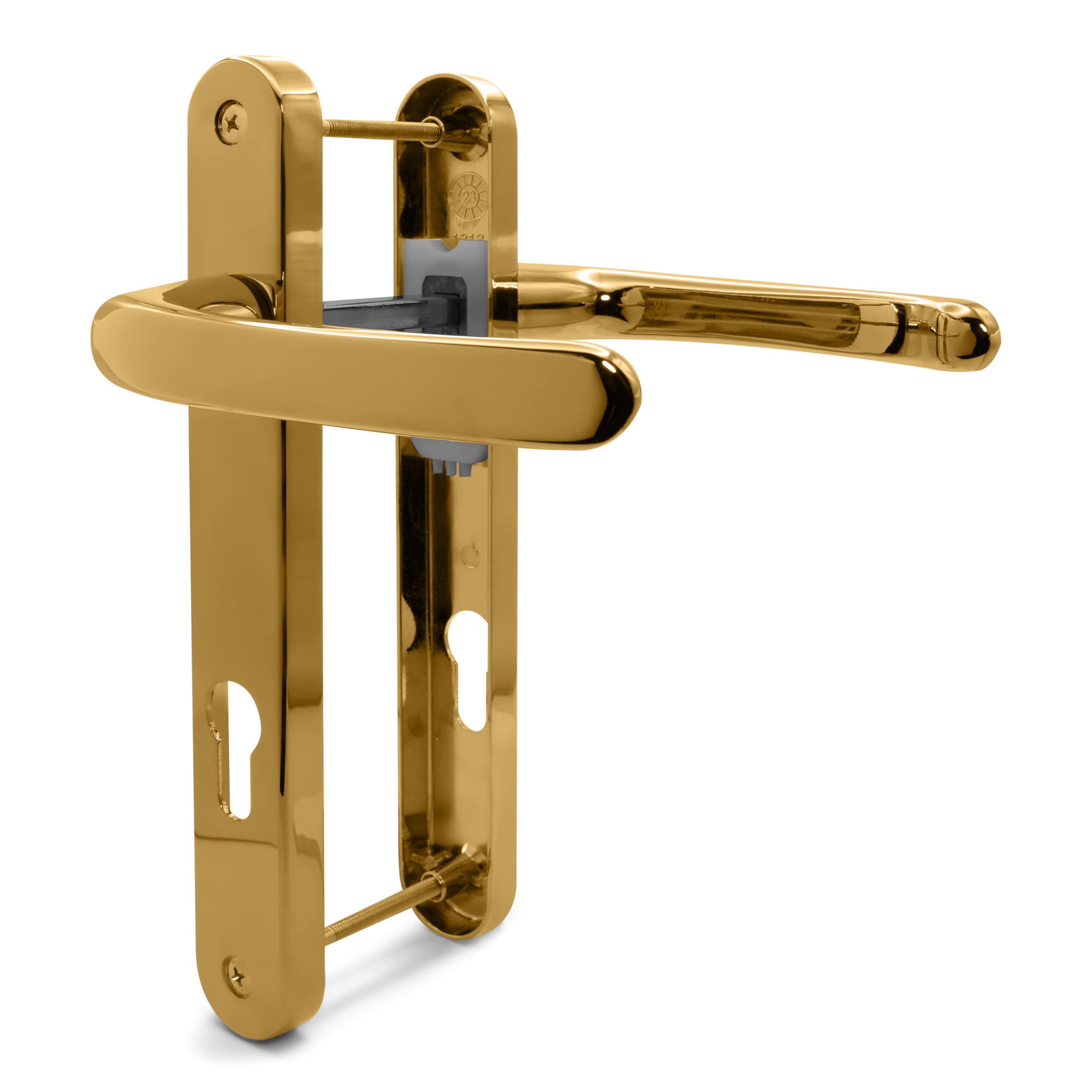 TSS Polished Brass UPVC Door Handle Pair, Sprung, 92mm PZ (Centres), Lever Lever, 203mm Screw to Screw, Backplate 232mm x 32mm - Replacement PVC Door Handle