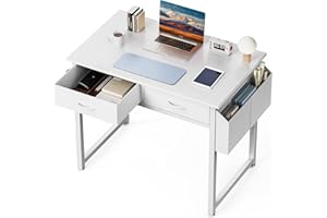 DUMOS 32" Home Office Computer Desk with Drawers, Small Gaming Writing Study Table with Storage Side Bag, Headphone Hook and Adjustable Feet for Bedroom White