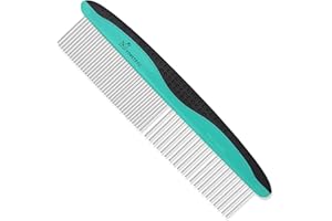 YOPETAYU Pet Comb for Long Haired Dogs and Cats. Removes Loose Fur, Undercoat, Tangles Hair, Knots, Dirt. Has a Comfortable Non-Slip Handle, Wide & Narrow Stainless Steel Teeth