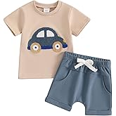 fhutpw Toddler Baby Boy Summer Clothes Embroidery T-Shirt Casual Shorts Sets Infant Truck Excavator Dinosaur Pattern Outfits