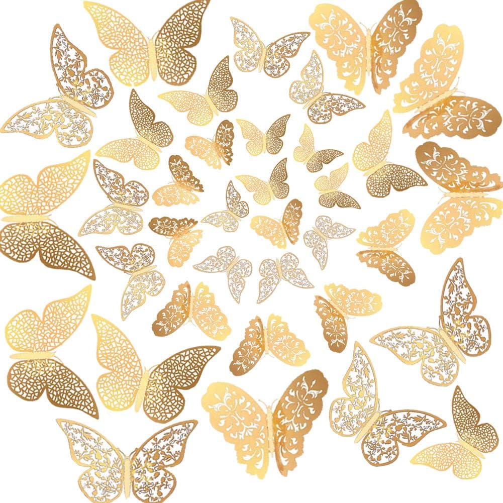 36PCS 3D Butterfly Stickers, Golden Butterfly Wall Stickers