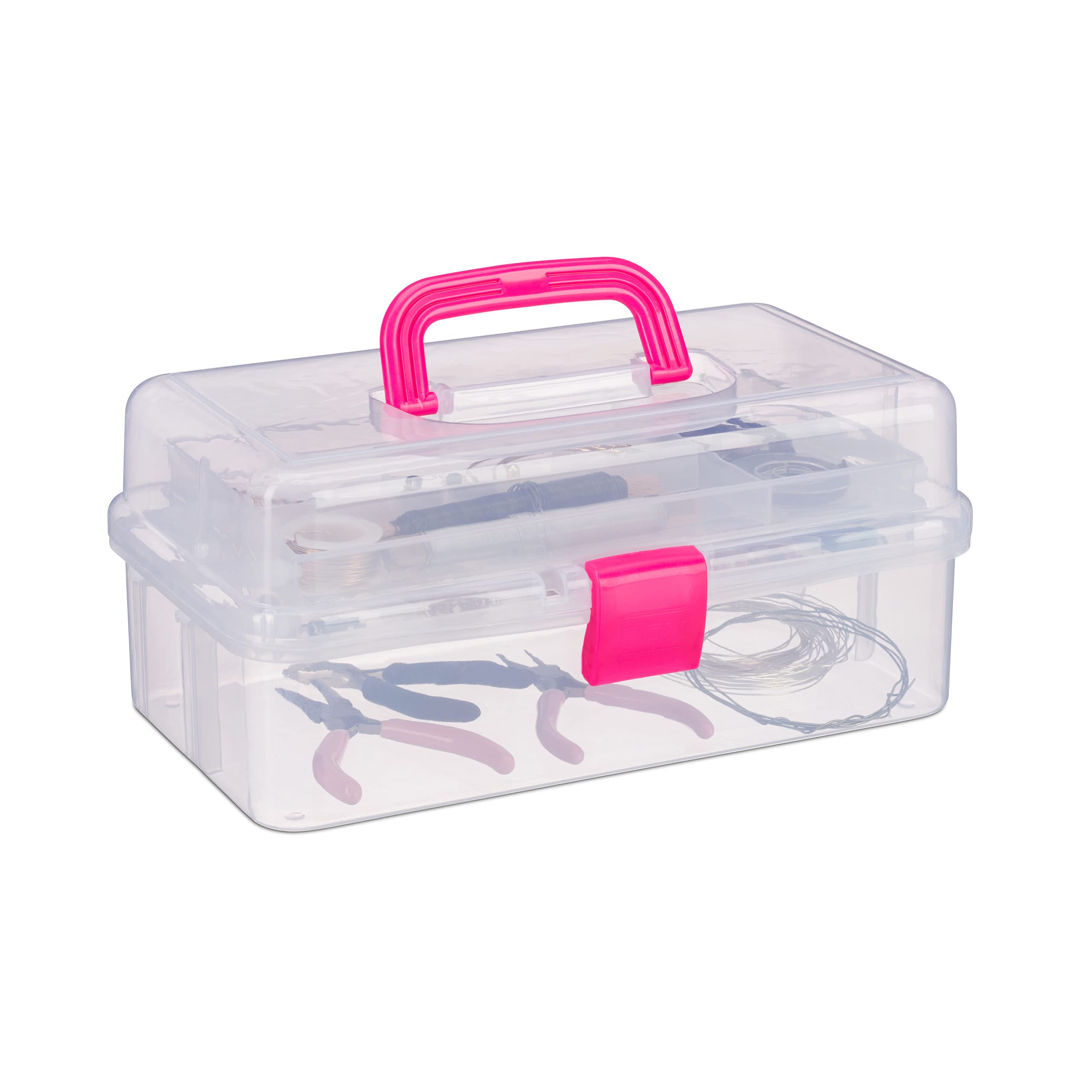 Relaxdays Transparent Plastic Storage Box, 9 Compartments for Small Tools, Press Lock, HWD 14x33x19 cm, Pink