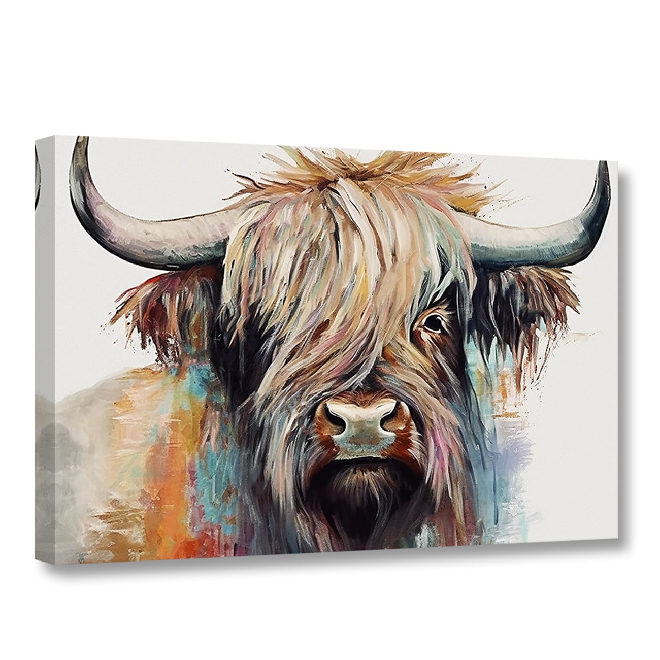 CCWACPP Colorful Highland Cow Canvas Wall Art - Animal Pictures Print Abstract Painting - Farmhouse Bathroom Decor - Frame (Highland Cattle - 3, 12x18inch (30x45cm))
