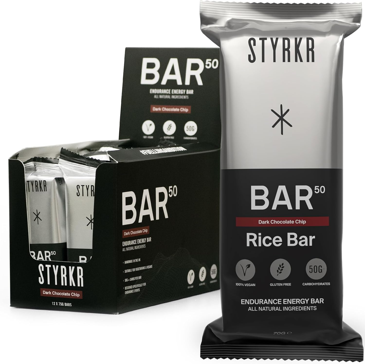 Styrkr BAR50 Energy Bars - Pack of 12 Rice Bars for Cycling & Running - Dark Chocolate Chip Flavour - Approved by Endurance Athletes - 50g of Carbs via Advanced Dual-Carb Formulation - 12x Pack