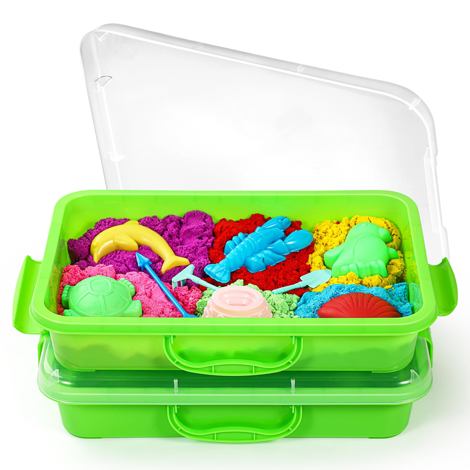sikmcle Sandpit Sensory Bin with Lid and Handle, Portable Sensory Sandbox Container for Children, Plastic Activity Tray for Toddlers, Pack of 2, Green