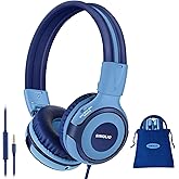 SIMOLIO Kids Headphones for School Age, Wired Headsets with Microphone Volume Limiter Sharing Jack, Adjustable & Sturdy, Tangle-Free Foldable Stereo Headphone for Boys Tablet Travel (Blue)