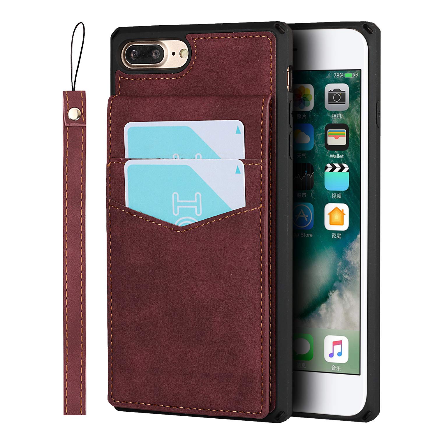 UEEBAI Wallet Case for iPhone 7 Plus iPhone 8 Plus, Premium Skin Feel Vintage PU Leather Case Back Wallet Kickstand Cover Card Slots Wrist Strap Magnetic Clasp Shockproof TPU Cover - Wine Red