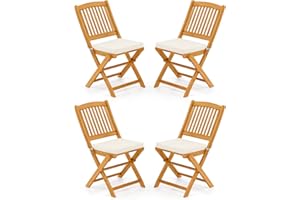 Tangkula 4 Pieces Folding Outdoor Dining Chairs, Acacia Wood Patio Chairs with Soft Cushions, Slatted Backrests and Seats, Outdoor Chairs for Porch, Balcony, Deck and Yard (4, Beige, One-Size)