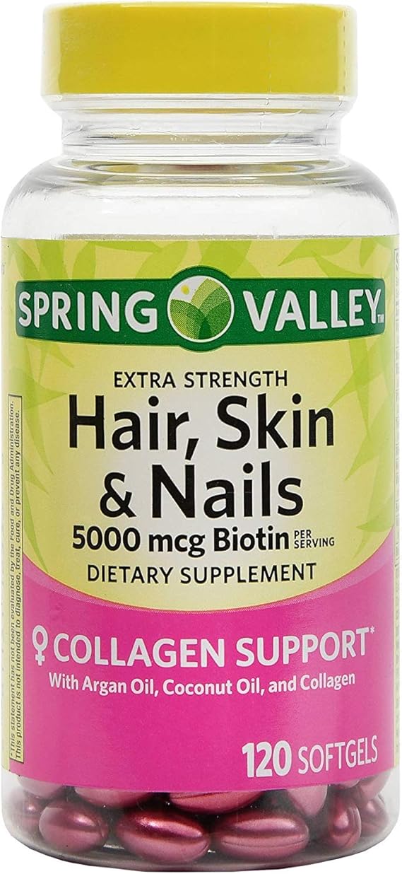 Amazon Com Spring Valley Extra Strength Hair Skin Nails 5000mcg Biotin Per Serving Dietary Supplement Collagen Support 120 Softgels Health Personal Care