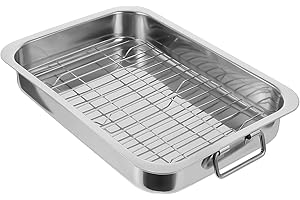 CATIEBYE Stainless Steel Rectangular Baking Tray Set with Oven Rack 33x23x5cm Kitchen Ovenware Pan