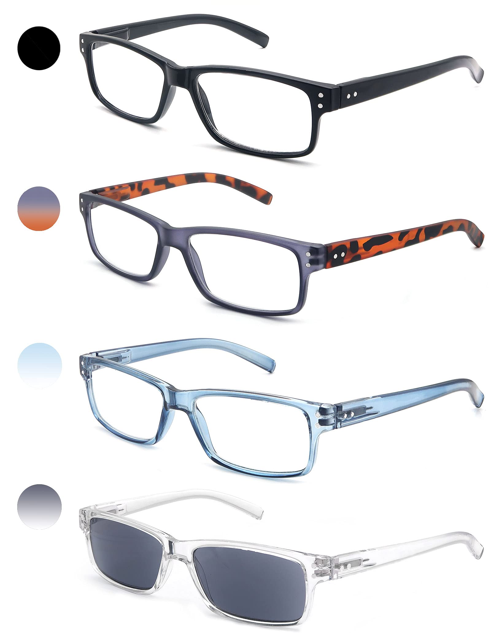 HEEYYOK 4 Pairs Mens Reading Glasses Unisex Rectangular Black Blue Tortoise Frame Readers Fexible Spring Hinge(Include 4 Pouches and 1 Sunshine Readers)