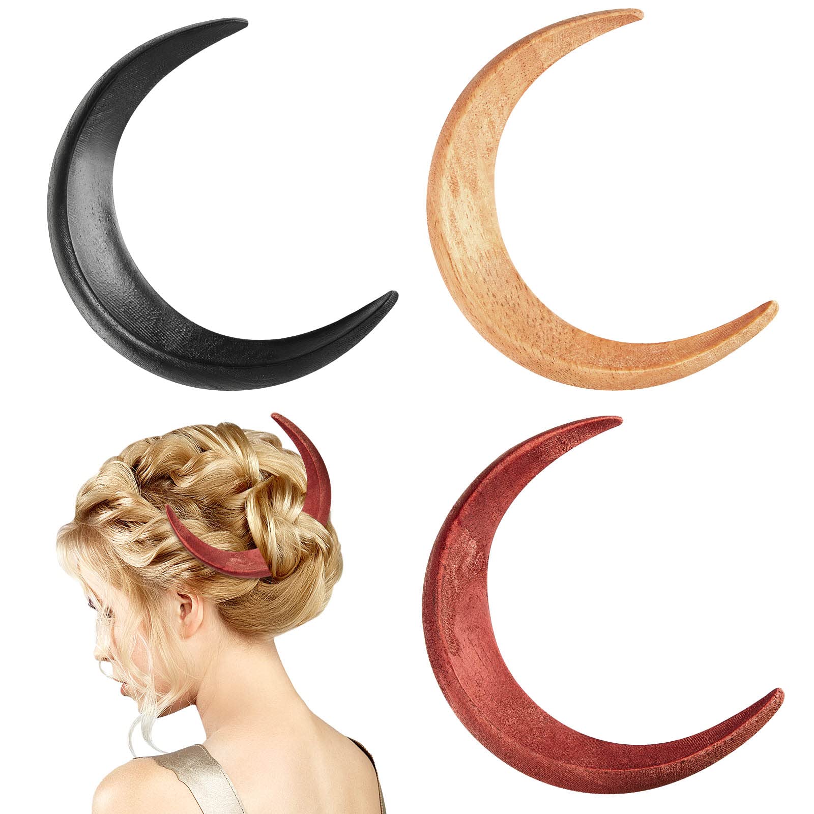Photo 1 of Taiyin 3 Pcs Moon Hair Fork Hairpin for Women 5.12'' Moon Stick Hand Carved Clip Thin Hair Accessories Wooden Barrettes Lightweight Styling Tool(Red, Black and Wood Color)