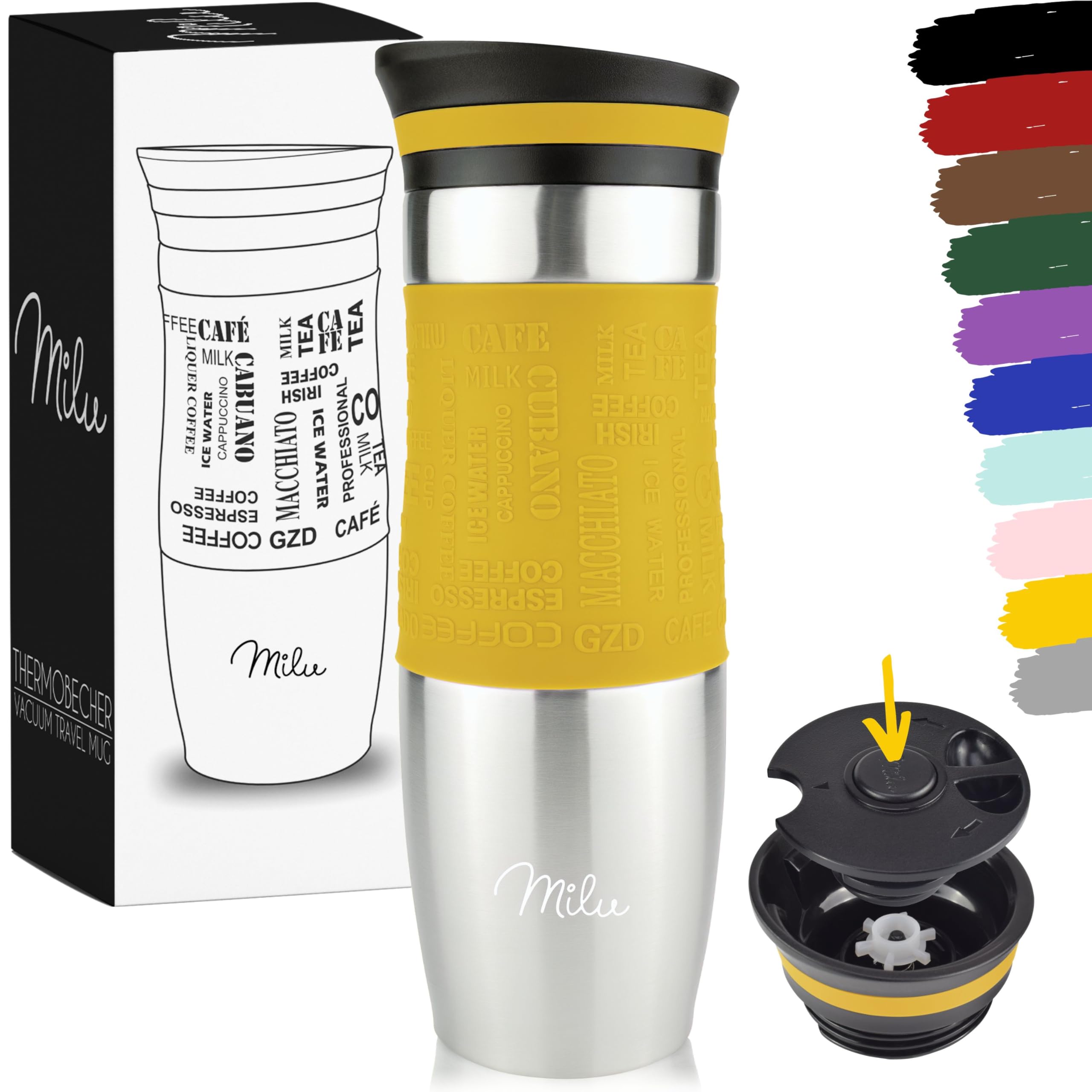 Milu Travel Mug 370ml 450ml - Insulated Coffee Cup to go - 100% Leak Proof - Stainless Steel Drinking Mug - Car Mug Double Wall Insulation Thermo Coffee Flask (Mango, 450ml)