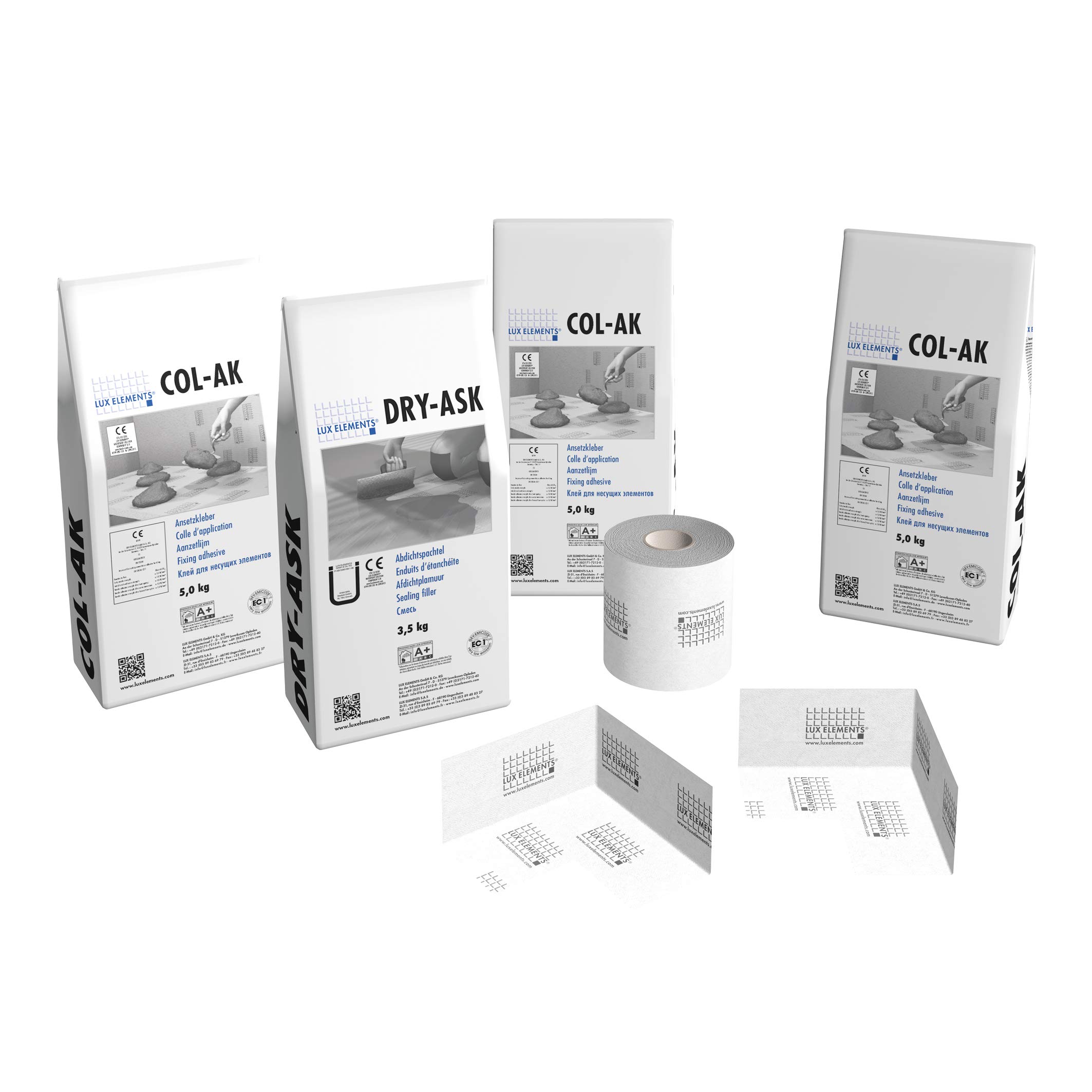 LUX ELEMENTS Medium Mounting Set for Shower Floors TUB-KIT UNI GK I 3 x 5 kg Adhesive + 3.5 kg Sealing Spatula + 10 m Sealing Tape + 2 x Sealing Tape Inner Corners