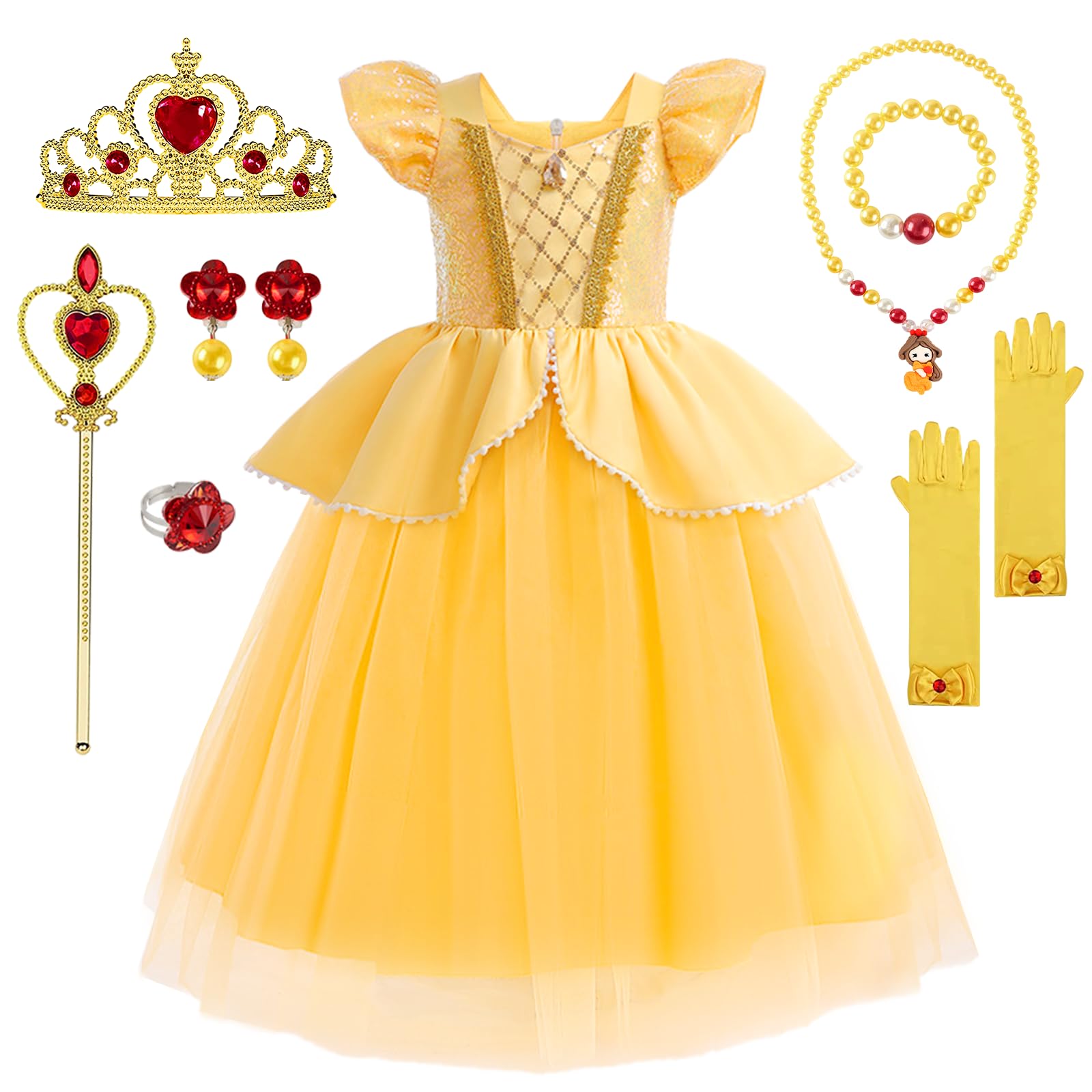 TOLOYE Princess Costumes for Girls with Crown, Fairy Wand, Necklace Sets - Belle Dress, Long Skirt, Kids Fancy Dress for Party Cosplay (110, Style 1)