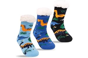 FENELY 3 Pairs Kids Boys Girls Slipper Socks Winter Sherpa Lined Fuzzy Warm Soft Non Skid