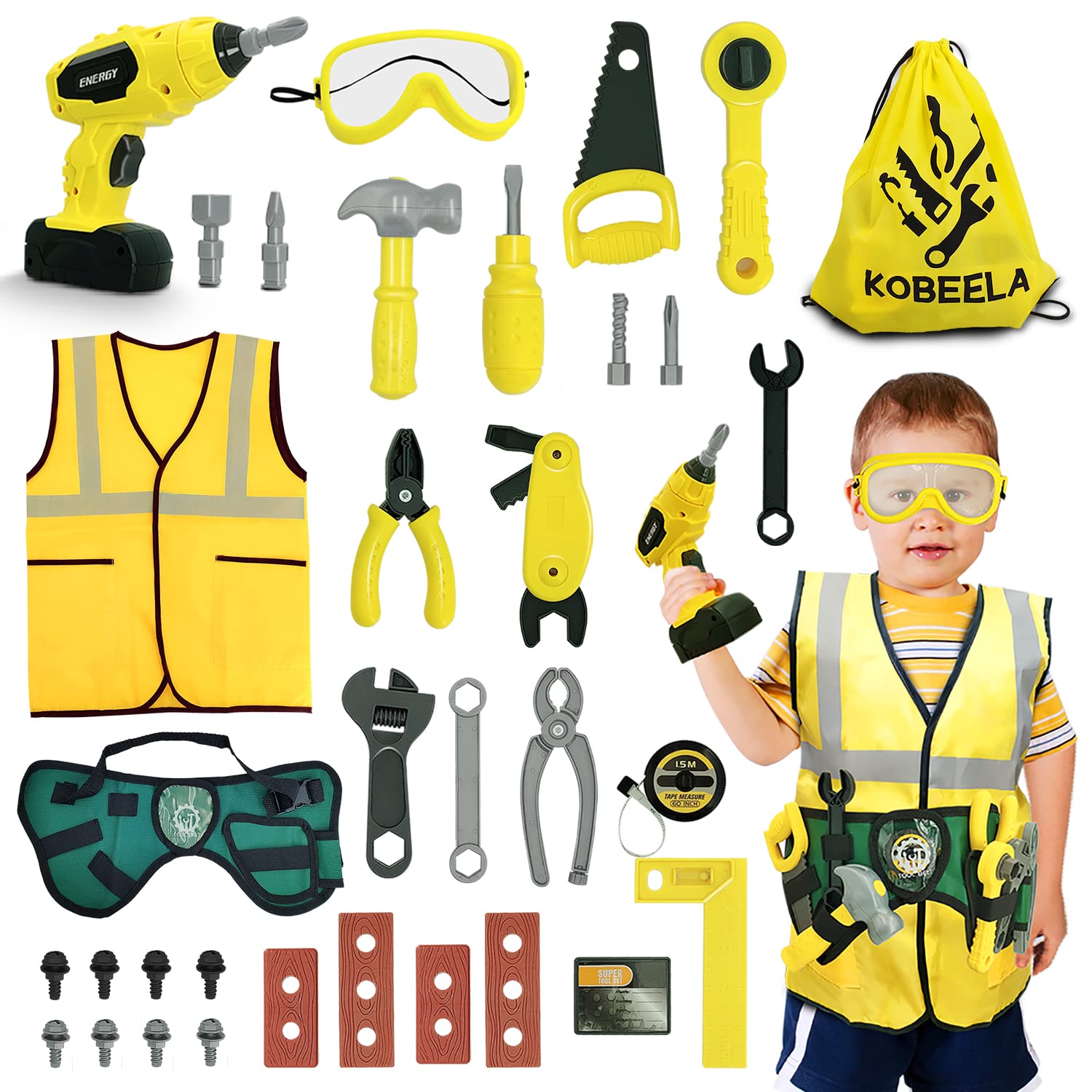 Kobeela Kids Builder Costume Toy Tool Set, 44 Pcs Childrens Tool Kit with Construction Worker Outfit, Toy Tool Belt, Toddler Role Play Tools Toys Gifts for 3 4 5 6 Year Old Boys Girls