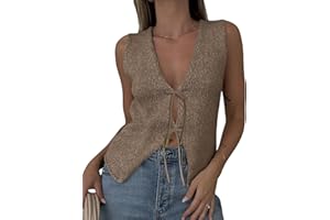 MIEEYALI Women Y2k Crochet Vest Top Vintage Solid Color V Neck Sleeveless Front Tie Tops Going Out Tops
