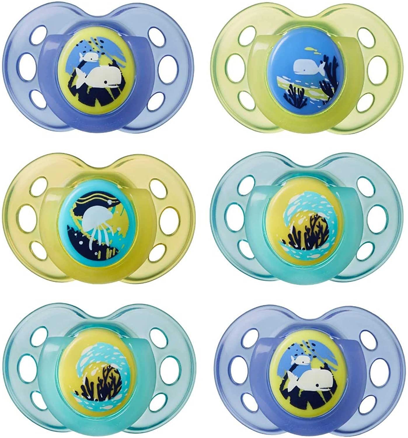 Tommee Tippee Night Time Glow in the Dark Soothers, Symmetrical Orthodontic Design, BPA-Free Silicone, 18-36m, Pack of 6 Dummies