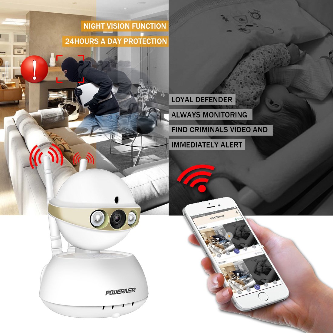 Home Camera,POWERIVER WiFi IP Indoor Security System with Motion Detection,Two-Way Audio & Night Vision for Baby / Pet / Front Porch Monitor,Remote Control with iOS,Android,PC App(Gold)