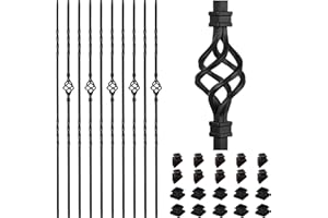 PATAVIN 10 Pack Staircases Iron Balusters -1/2'' Square Hollow Metal Spindles with Single Basket and Double Twist Design, Includes 10 Flat Shoes & 10 Angle Shoes