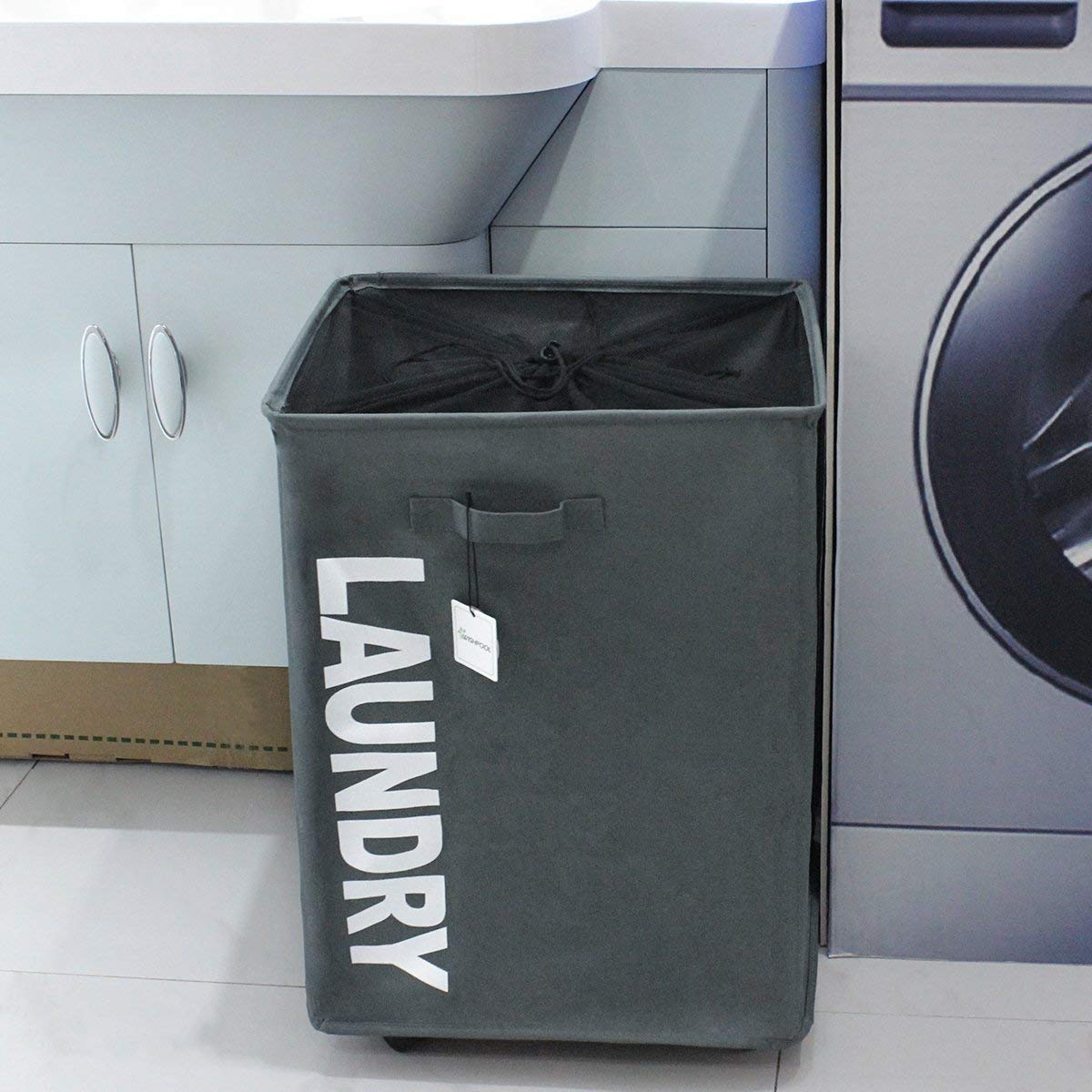 WISHPOOL Large Rolling Stand Folding Slide Laundry Basket Square Collapsible Waterproof Dirty Mesh Laundry Hamper Bin Organizer Storage on Wheels (Grey)