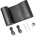 SEG Direct Genuine Leather Steering Wheel Cover, Stitch On Wrap, Breathable Cowhide Steering Wheel Wrap, Standard Size 15 Inch, for Car Truck SUV Pickup Boat, DIY Sewing with Needle Thread, Black