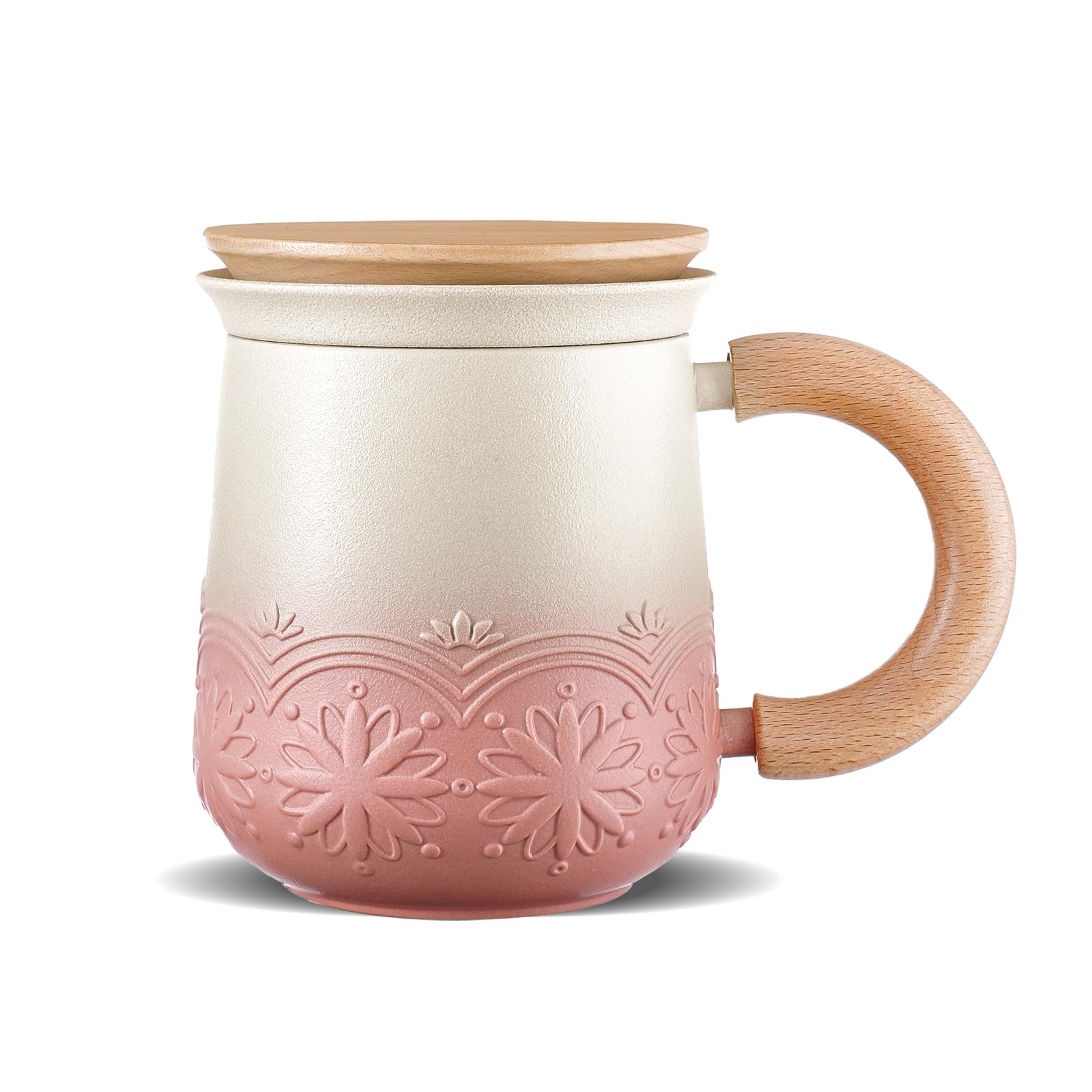ZENS Tea Mug with Infuser and Lid, 400ml Embossed Ceramic Tea Cup with Strainers