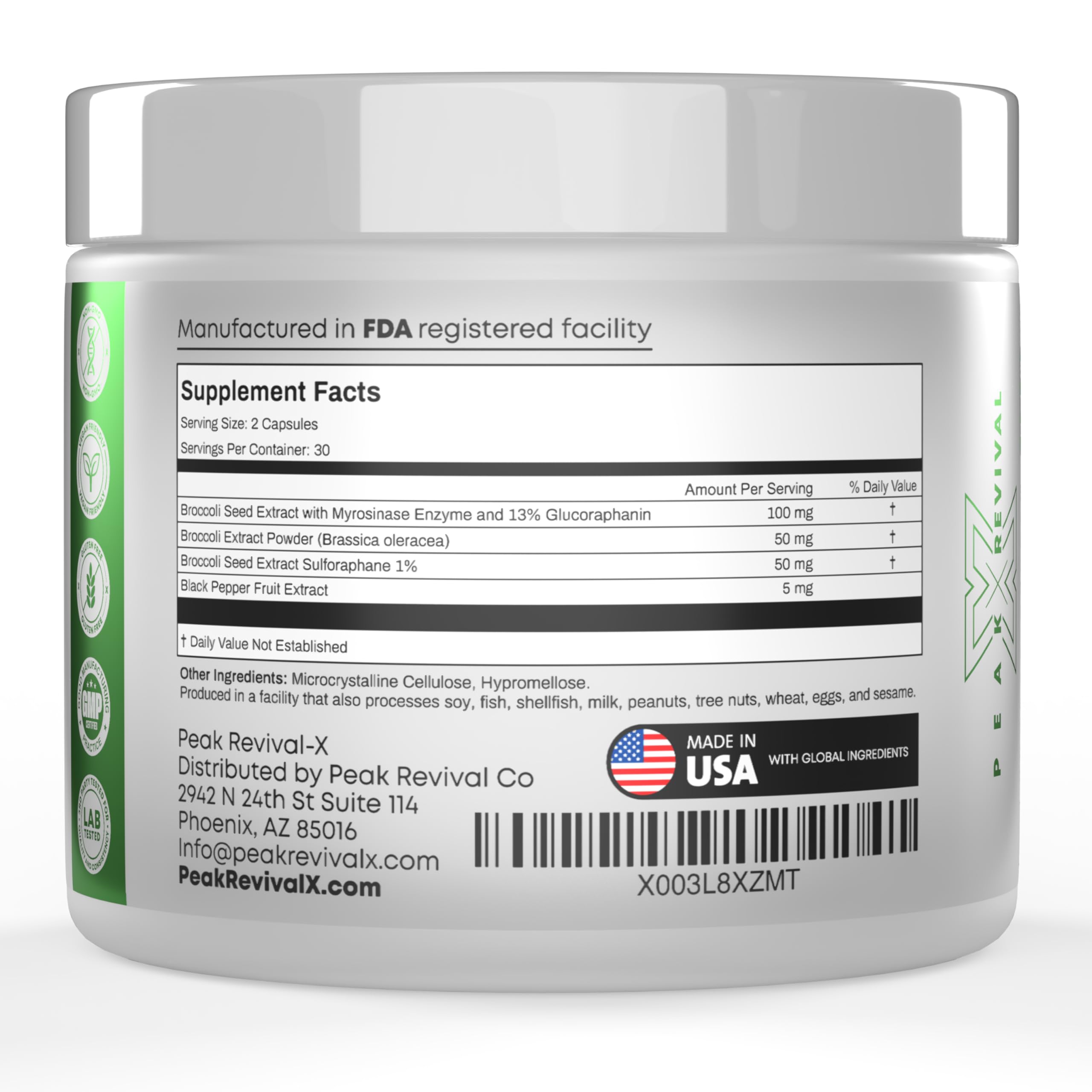 Peak Revival-X 5000mcg of Real Lab-Verified Sulforaphane Supplement - Broccoli Seed Extract 50mg Supplements - Promotes Cognitive Function, Liver & Cellular Support - 60 Vegan Capsules/Pills