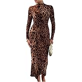 Floerns Women's Tie Dye Sheer Mesh Long Sleeve Ruched Mock Neck Bodycon Midi Dress