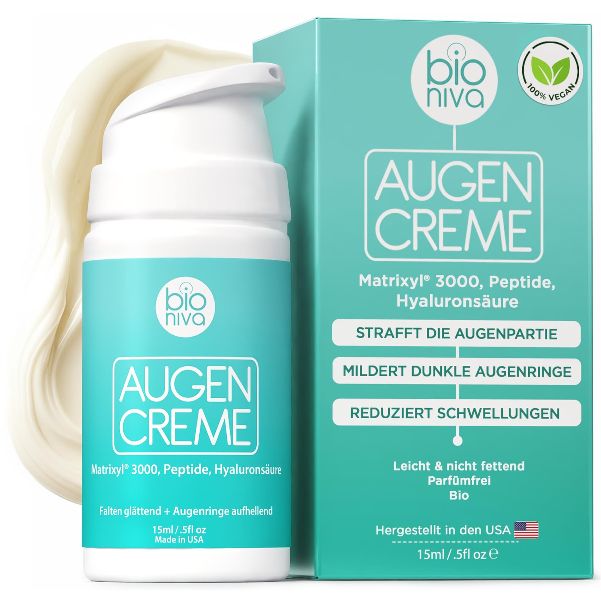 BIONIVA Eye Cream for Wrinkles and Dark Circles with Matrixyl 3000, Peptides & Vegan Hyaluronic Acid – Helps Reduce the Appearance of Puffiness & Fine Lines – Lightweight, Fast-Absorbing Formula, 15ml