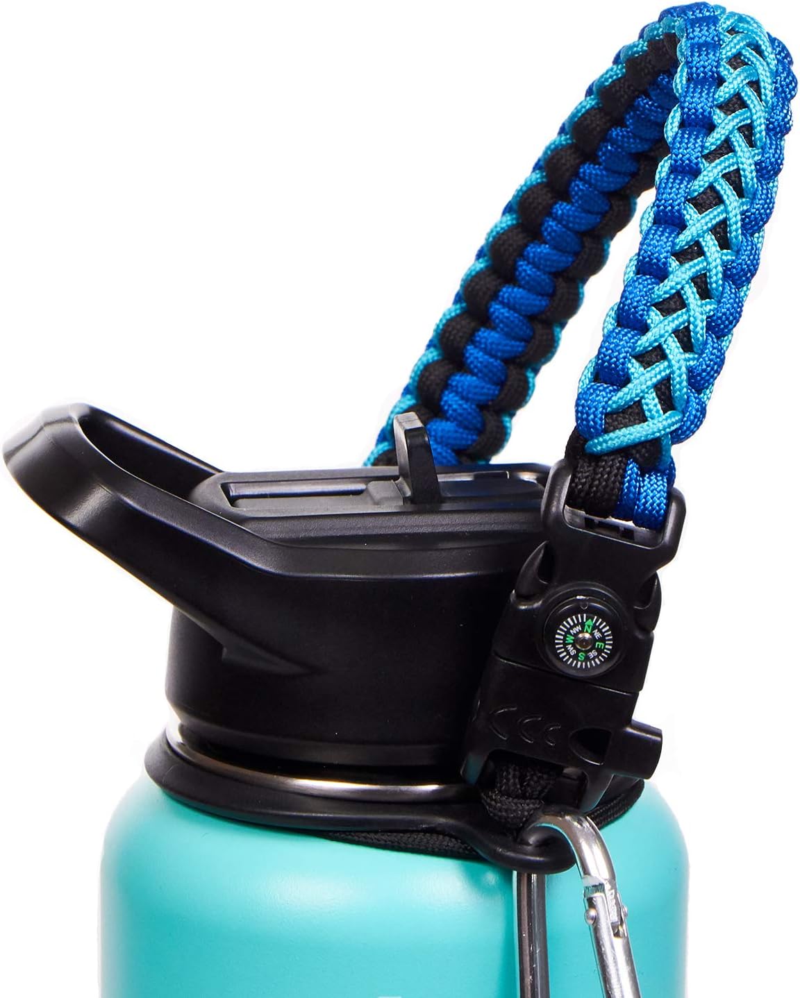 WaterFit Paracord Carrier Strap Cord with Safety Ring and Carabiner for 12-Ounce to 64-Ounce Wide Mouth Water Bottles, DoubleBlue/Compass+FireStarter : Sports & Outdoors