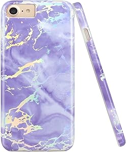 JAHOLAN Shiny Holographic Purple Marble Design Clear Bumper Glossy TPU Soft Rubber Silicone Cover Phone Case Compatible with iPhone 7 iPhone 8 iPhone 6 6S