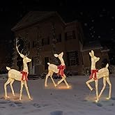 2D Lighted Reindeer Christmas Decorations Outdoor - Large 4FT Gold Deer Family Set with 115 LED Lights - Plug-in Waterproof Yard Decor with Separate Cords - Energy Saving Holiday Display 3 Pack