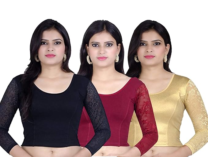 Women's Stretchable Readymade Saree Blouse Crop Top Choli Pack of 3