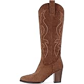 STALOV Cowboy Boots for Women Suede Embroidered Chunky Heel Knee High Pointed Toe Pull On Western Fashion Cowgirl Boot