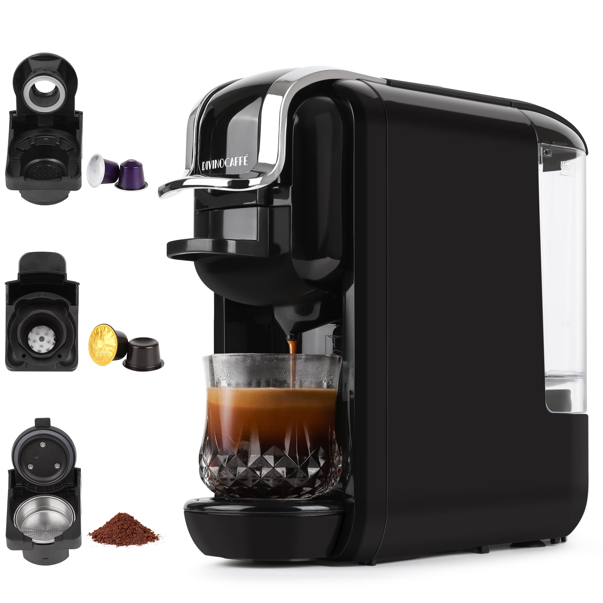 Divinocaffé Macchina Caffè Espresso 3 In 1 – 19 Bar, Per Capsule Nespresso, Lavazza Blu E Caffè In Polvere