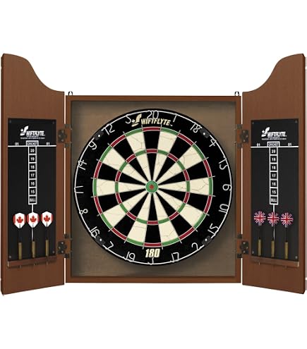 Hathaway Farmington Dartboard Cabinet Set - 18" Sisal Board, Steel-Tip Darts, Chalk Scoreboards, LED Lights, Walnut Finish - View #9