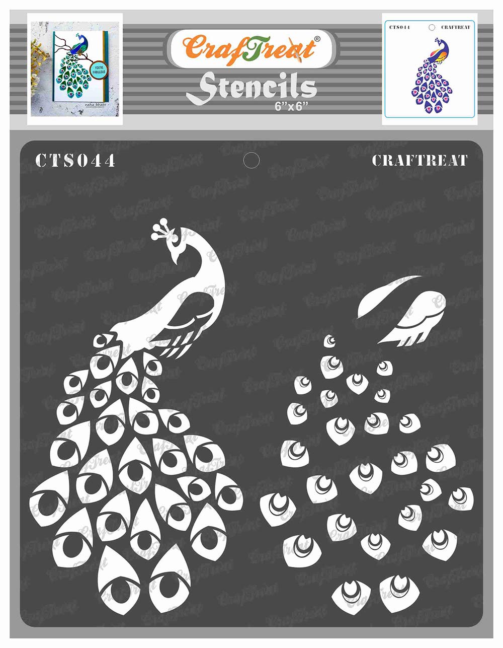 CrafTreat Peacock Stencils for Crafts Reusable - Layered Peacock Stencil - Size: 6X6 Inches - Layering Stencils for Furniture Painting - Peacock Feather Stencil for Paving Slabs