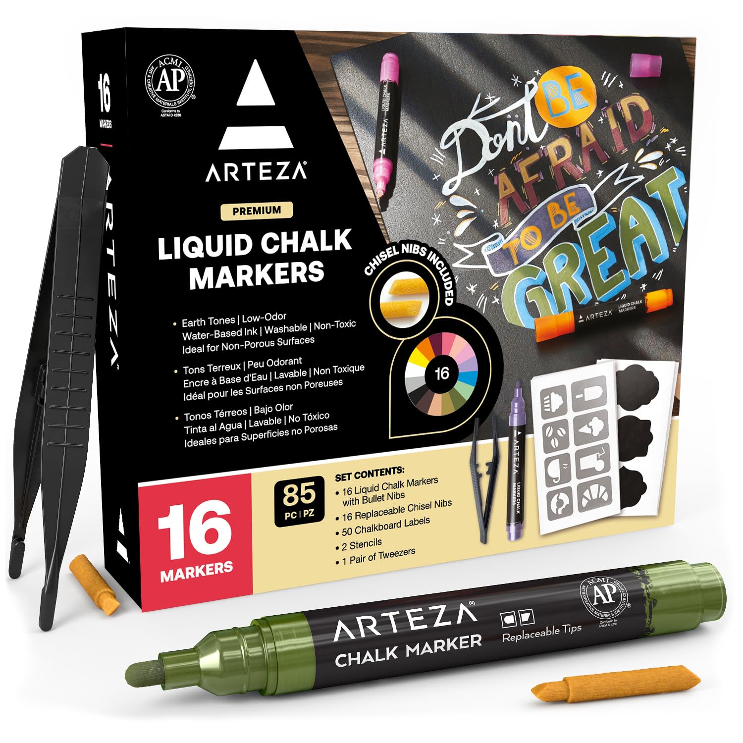 ARTEZA Liquid Chalk Pens, 16 Pastel Colours, Pack Includes 50 Chalkboard Labels, 16 Replaceable Tips, 1 pc Tweezers, 2 Sticky Stencils, Water-Soluble Chalk Pens for Blackboards and Windows
