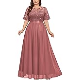 Miusol Women's Plus Size Sequin Lace Round Neck Butterfly Sleeves Formal Evening Maxi Dress