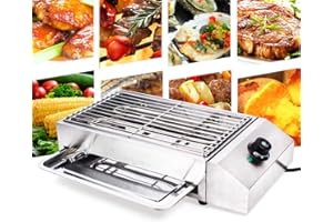 KONKENIE 110V 1800W Commercial Electric Grill Portable Barbecue Oven Stainless Steel BBQ Grill Countertop Flat Top Electric Grill for Indoor Restaurant Outdoor Camping Party Sliver